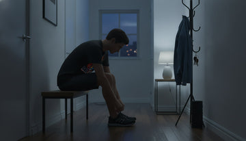 Man in a black lion graphic tee tying his running shoes in a dim apartment hallway before a pre-dawn run.