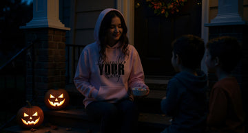 Person in a light pink hoodie sits on porch steps at Halloween dusk, handing candy to costumed kids beside glowing pumpkins.