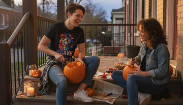 Person on a front stoop at golden hour carving a pumpkin while wearing a black tee with a visible chest print, candles and candy bowl nearby.
