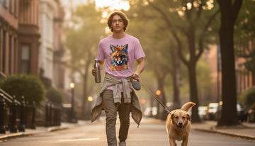 Person walking a dog on a tree-lined sidewalk at sunrise wearing a blossom-pink fox graphic tee with bold black text.
