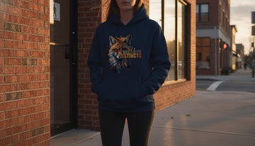 A person wearing a navy blue fox print hoodie walks out of a brick building into bright autumn sunlight.