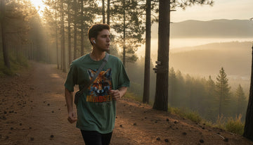 Person in a moss green “Mindset Is Everything” tee walking a misty pine trail at dawn with the fox artwork visible.