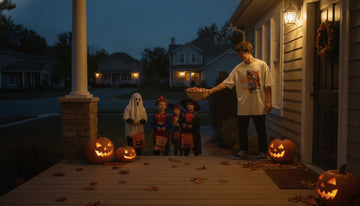 A person hands out candy from a porch bowl at dusk, wearing an ivory tiger graphic t-shirt among glowing carved pumpkins and fall leaves.