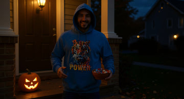 A person wearing a royal blue tiger-print hoodie hands out Halloween candy on a porch at dusk among glowing jack-o'-lanterns.