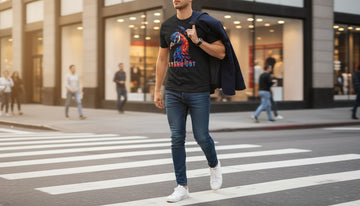 A person in a black peacock print t-shirt strides across a city crosswalk at golden hour with a blazer over one shoulder.