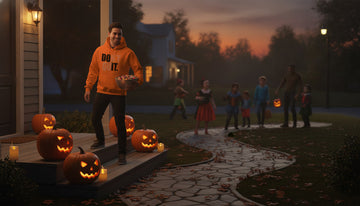 Person wearing an orange hoodie standing on a front porch handing out candy to trick-or-treaters at dusk on Halloween night.