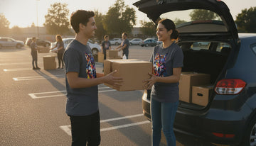Volunteer in a dark heather wolf graphic tee loading boxes at a community donation drive in a sunny school parking lot.