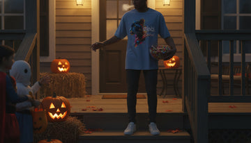 A person in a blue jean-toned panther graphic tee stands on a porch at dusk, handing candy to costumed kids beside two lit pumpkins.
