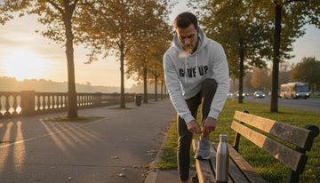 Person stretches on a park bench by a river wearing an ash grey hoodie, with morning breath visible in the cool air.