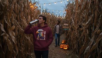 Person in a maroon hoodie walking through a twilight corn maze with string lights and pumpkins, lifting a thermos with visible breath in cool air.
