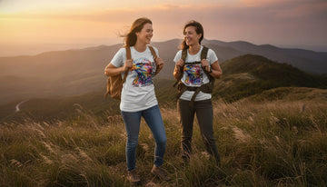 A person in a white eagle tee stands on a windy hilltop at golden hour, laughing with a friend while adjusting a backpack strap.