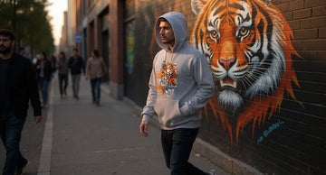 A person wears a Sports Grey tiger hoodie while pausing before a large hand-painted tiger mural on a city street at golden hour.