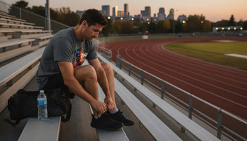 Man sitting on metal bleachers at a track in the evening wearing a dark heather t-shirt with a panther graphic.