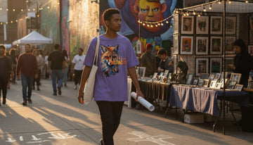 Person wearing a violet fox graphic t-shirt at an outdoor art market during golden hour, walking with a tote and rolled print.