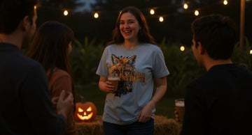 Person in a light blue fox-print tee laughing with friends at a twilight pumpkin patch, string lights glowing overhead.