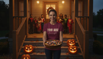 Person handing out Halloween candy on a front porch wearing a maroon t-shirt with You Are Enough typography.