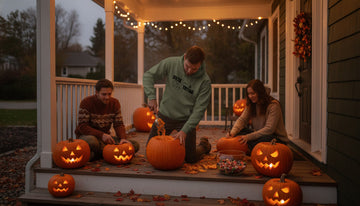Person in a military green hoodie carving pumpkins on a front porch at dusk with string lights and Halloween decor.