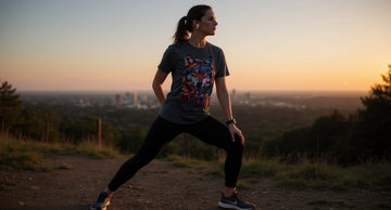 Woman in a dark heather Never Give Up wolf tee stretches on a foggy overlook trail at sunrise near a city skyline.