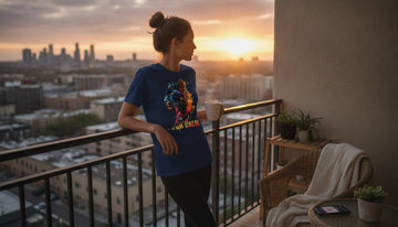 Woman in a navy blue panther t-shirt drinking coffee on an apartment balcony at sunrise.