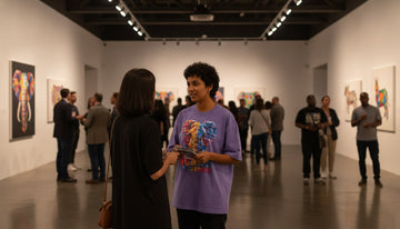 A person wearing a Violet elephant graphic tee at an evening gallery opening with warm track lighting and colorful animal art on white walls.