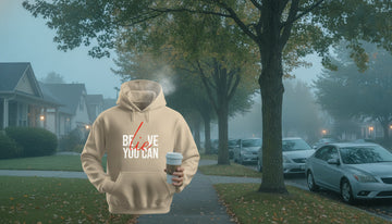A person wears a sand-colored 'Believe You Can' hoodie while walking a quiet tree-lined street holding a coffee cup.