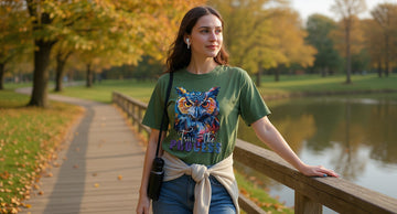 Person in a moss green owl print tee pausing on a wooden footbridge over a pond during a golden late-afternoon park walk.