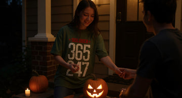 A person wears an orange-toned graphic tee while handing a lit jack-o'-lantern to a friend on a porch at dusk surrounded by candles.