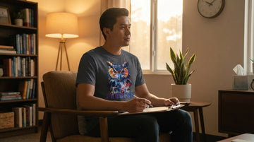 A counselor sits in a warmly lit office holding a clipboard, wearing a dark heather t-shirt featuring a colorful owl graphic.