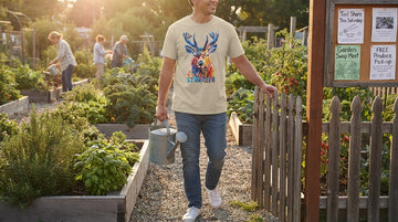 Person in a sand-colored Kindness Is Strength deer t-shirt leaving a community garden at golden hour, holding a watering can.