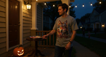 A person in a Blue Jean wolf-print tee sets a candy bowl on a porch table at dusk, string lights and carved pumpkins around them.
