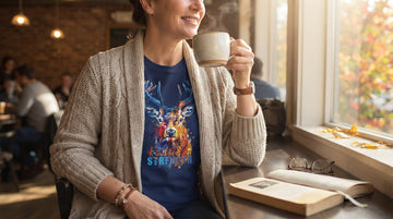 Person wearing a navy t-shirt sitting by a window in a coffee shop reading a book.