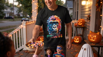 Person in a black stay curious gorilla t-shirt hands out candy from a porch at dusk with pumpkins and string lights.