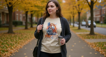 A person in a sand-colored tiger t-shirt walks a leaf-covered path under an open charcoal cardigan, holding a travel mug.