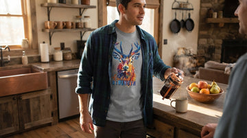 Person in a Sport Grey deer-themed kindness tee pours coffee at a cozy cabin kitchen island with morning light and a flannel layer.