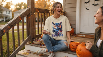 A person in an ivory owl t-shirt sits on a porch step at golden hour, carving pumpkins and laughing with a friend.