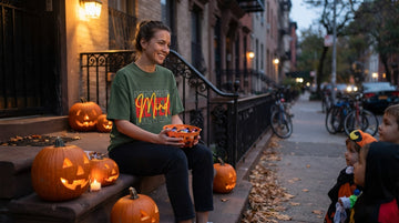 Woman on an apartment stoop at twilight handing out candy, wearing a readable “Never Mind” tee under warm porch light and glowing pumpkins.
