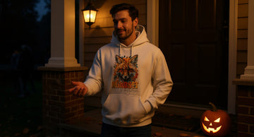 A person in a white hoodie hands out Halloween candy on a porch lit by warm sconces and a glowing jack-o'-lantern.