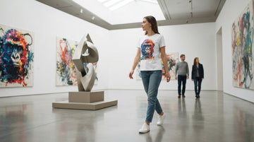 Young woman in a white t-shirt with a gorilla graphic walking through a bright contemporary art gallery.