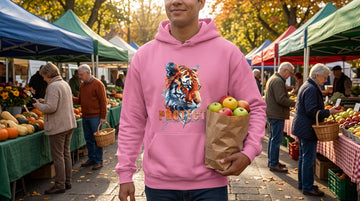 A person holding a bag of apples walks through a sunny autumn farmers market wearing a colorful graphic hoodie.