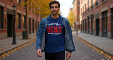 A person walks down a sunny brick-lined city street in autumn, wearing a quote tee untucked under an open denim jacket.