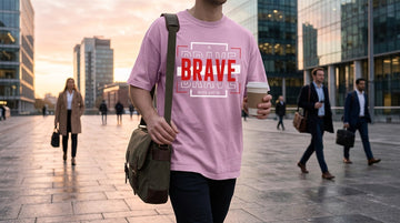 A person in a graphic t-shirt walks across a bright city plaza carrying a work bag and a coffee cup at sunrise.