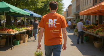 A person in a graphic tee walks through a sunny Saturday farmers market carrying a tote of produce, with stalls behind.