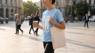 A person wearing a text graphic t-shirt walks across a bright city plaza carrying a tote bag and a coffee.