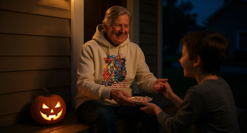 A person in their fifties in a lion hoodie sits on porch steps at dusk handing candy to a small trick-or-treater beside glowing pumpkins.