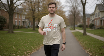 A person in a printed tee walks a quiet park path on an overcast morning, travel mug in hand, trees and a bench behind.