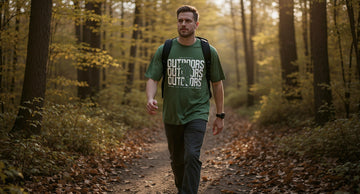 A hiker in a t-shirt and daypack strides along a forest trail at golden hour, with fallen leaves underfoot and tall trees behind.