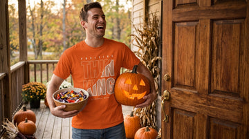 A woman wearing a navy t-shirt holds a bowl of candy on a front porch next to a carved pumpkin.