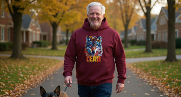 Gray-haired man in a maroon hoodie walking a dog on a leaf-covered neighborhood path in low golden morning light.