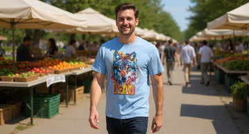 A person in a light blue graphic tee walks through a sunny Saturday farmers market past produce stalls and other shoppers.