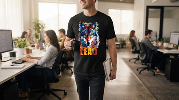 A person in a black wolf tee walks through a sunlit open-plan office holding coffee and a notebook.